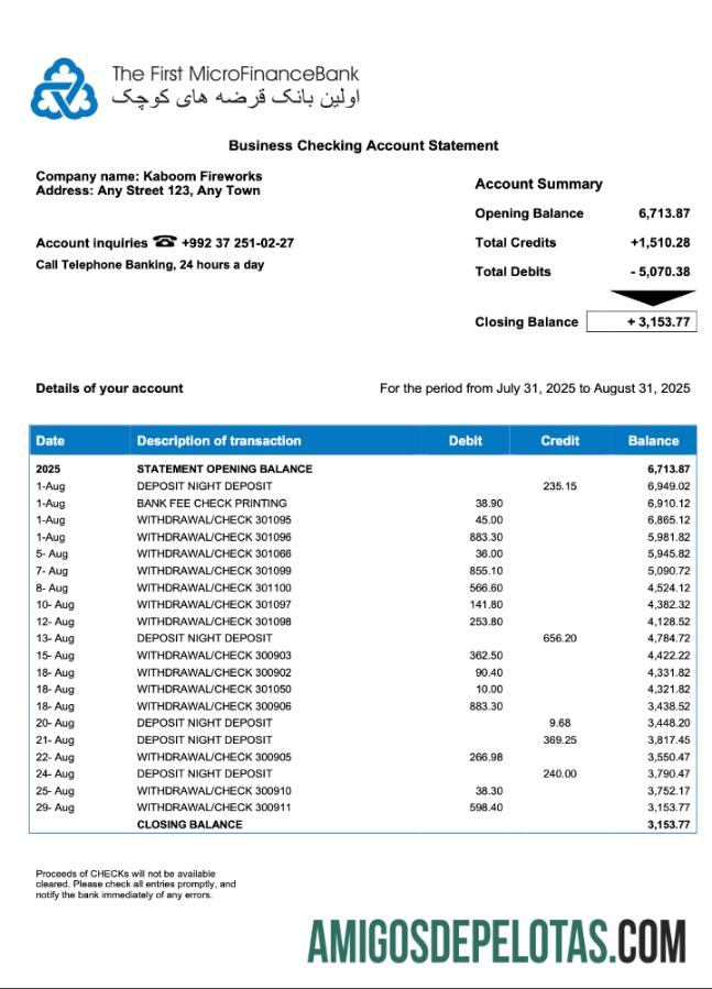 Realista Tajikistani O primeiro extrato de conta de empresa de microfinanças (FMFB) modelo Word e PDF